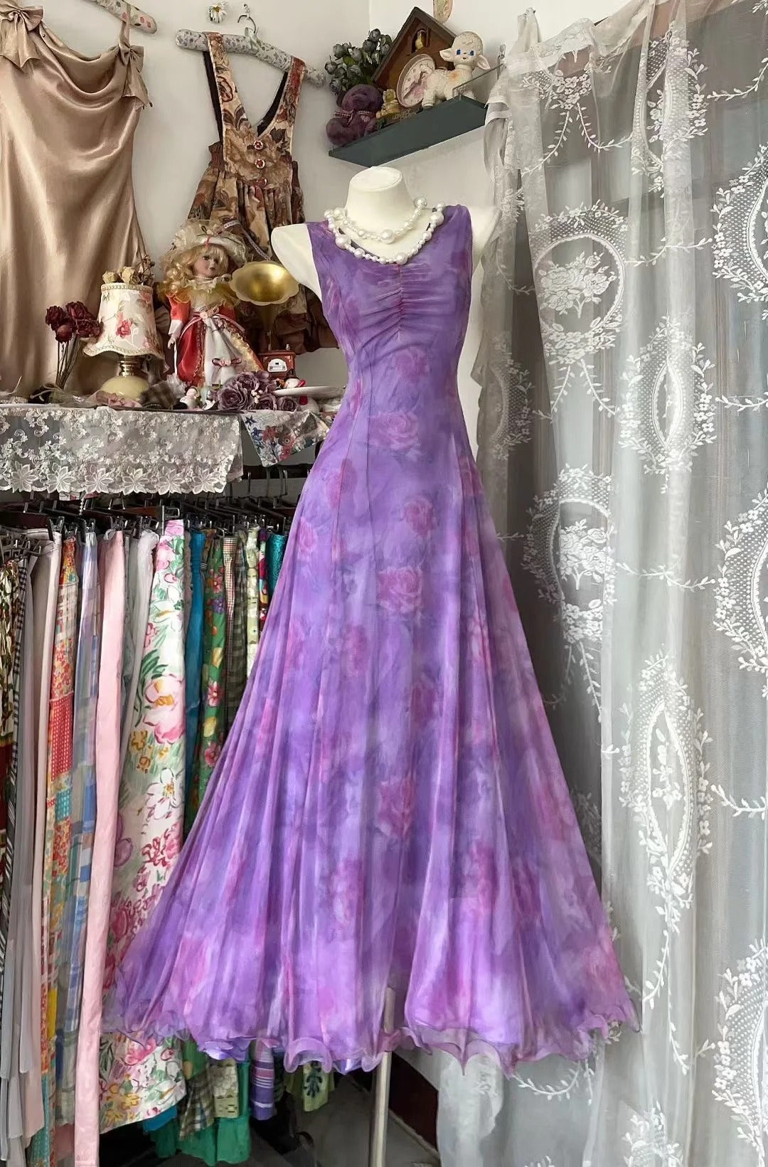 Vintage Prom Dresses Aesthetic A line Lilac Floral Chiffon Long Inspo Formal Party Gowns N1973