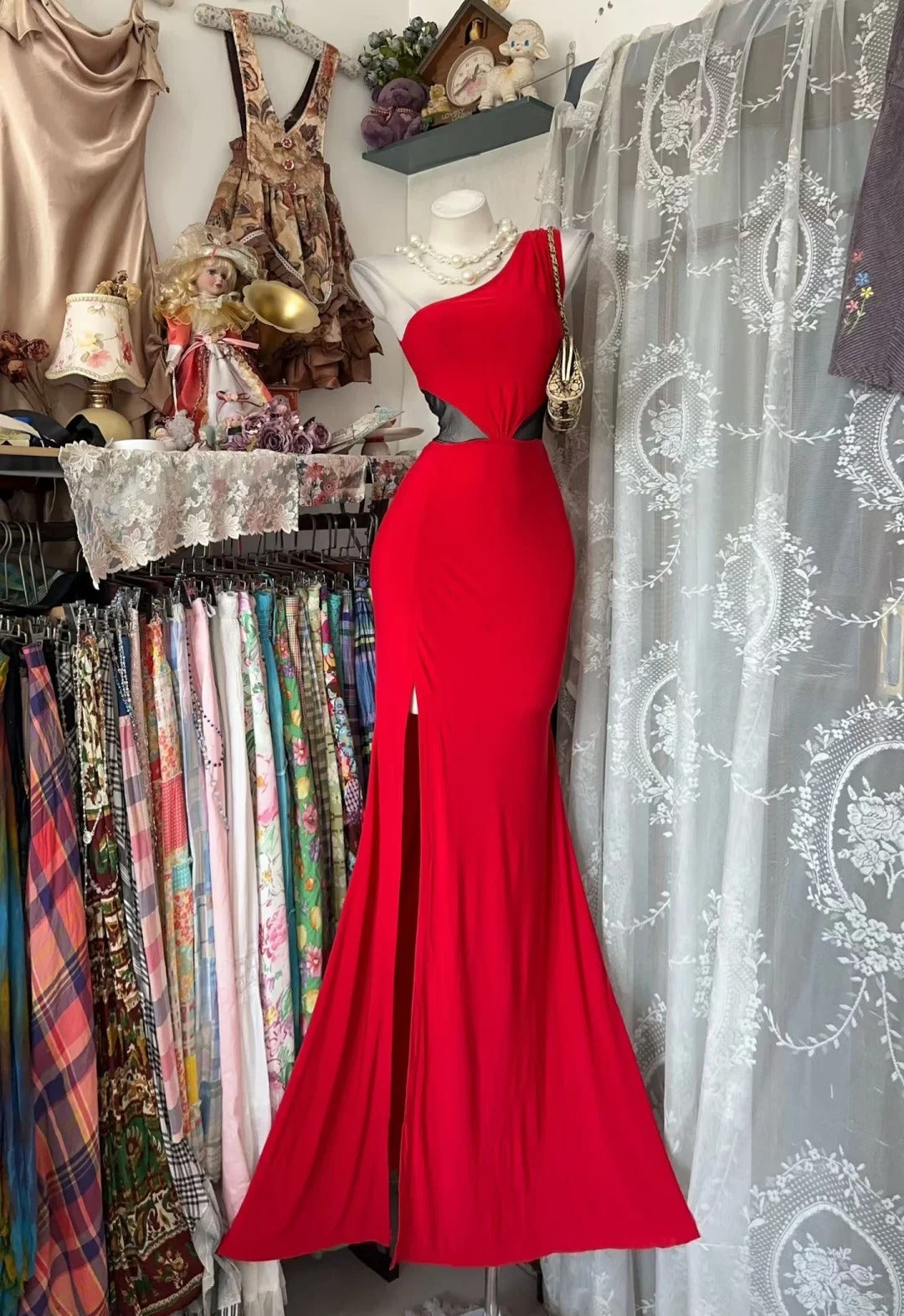 Mermaid Prom Dress One Shoulder Red Slit Modest Floor Length Formal Party Gown RB9804