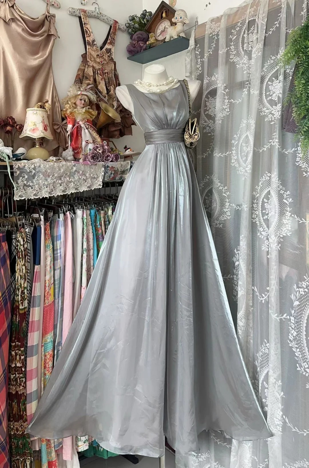 Mermaid Prom Dress Square Chiffon Silver Gray Modest Floor Length Formal Party Gown RB9801