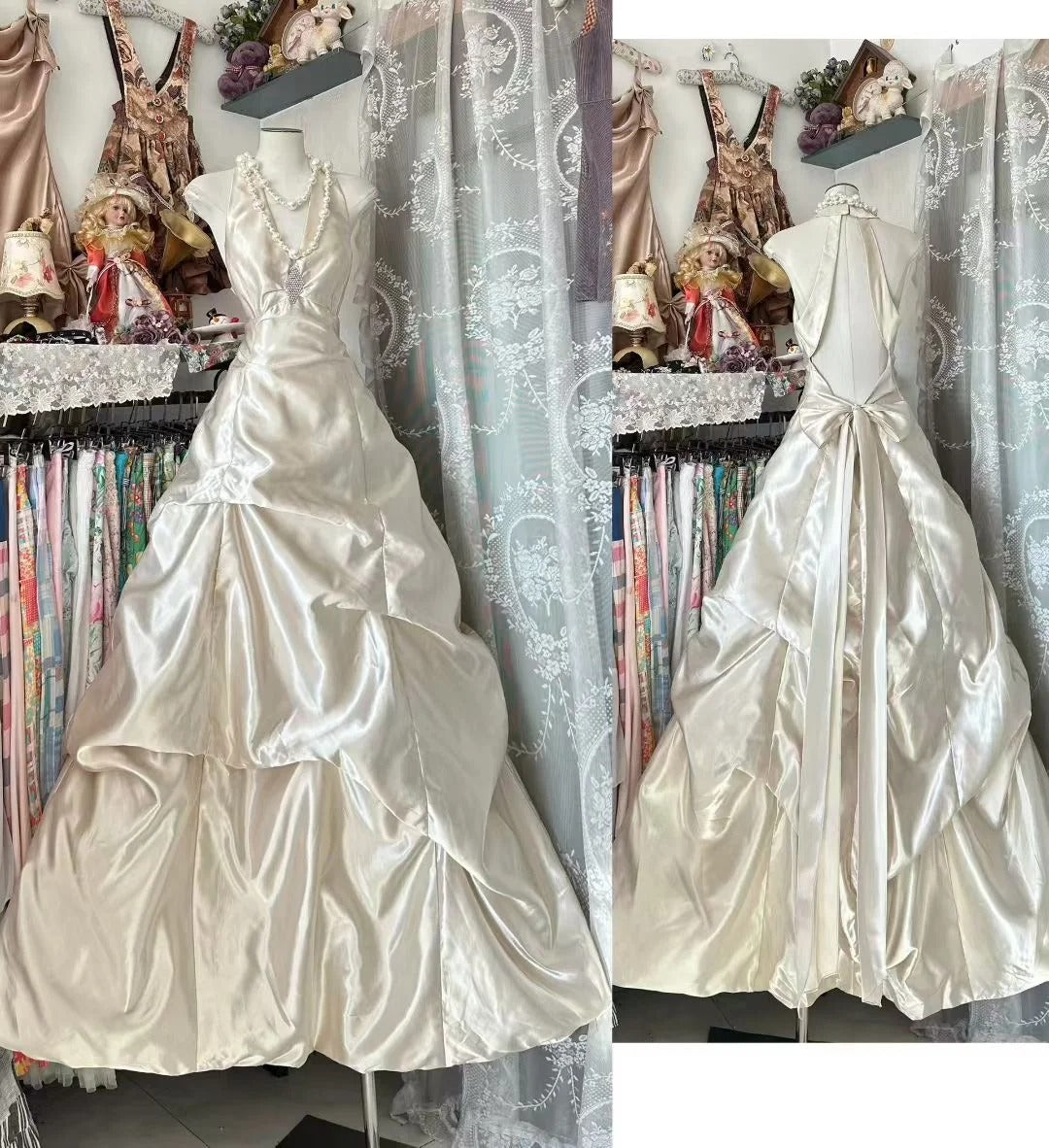Modest Ball Gown Halter Champagne Backless 80s Satin Sleeveless Party Gowns Prom Dresses N1984