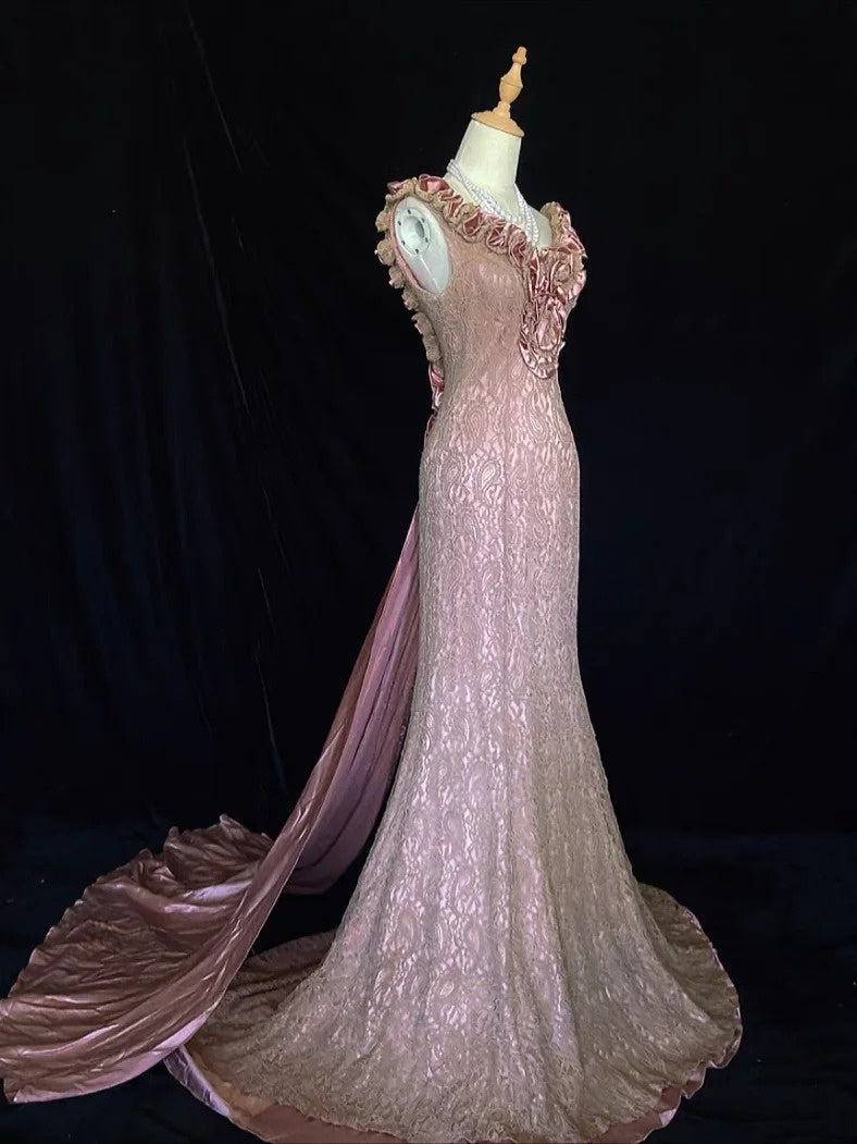 Vintage Prom Dresses Inspo Mermaid V Neck Pink Lace 1990s With Ruffled Formal Gowns N3316