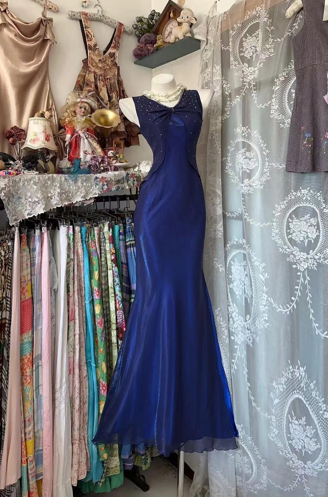 Vintage Prom Dresses Aesthetic Mermaid V Neck Navy Blue Long Inspo Formal Party Gowns N1960