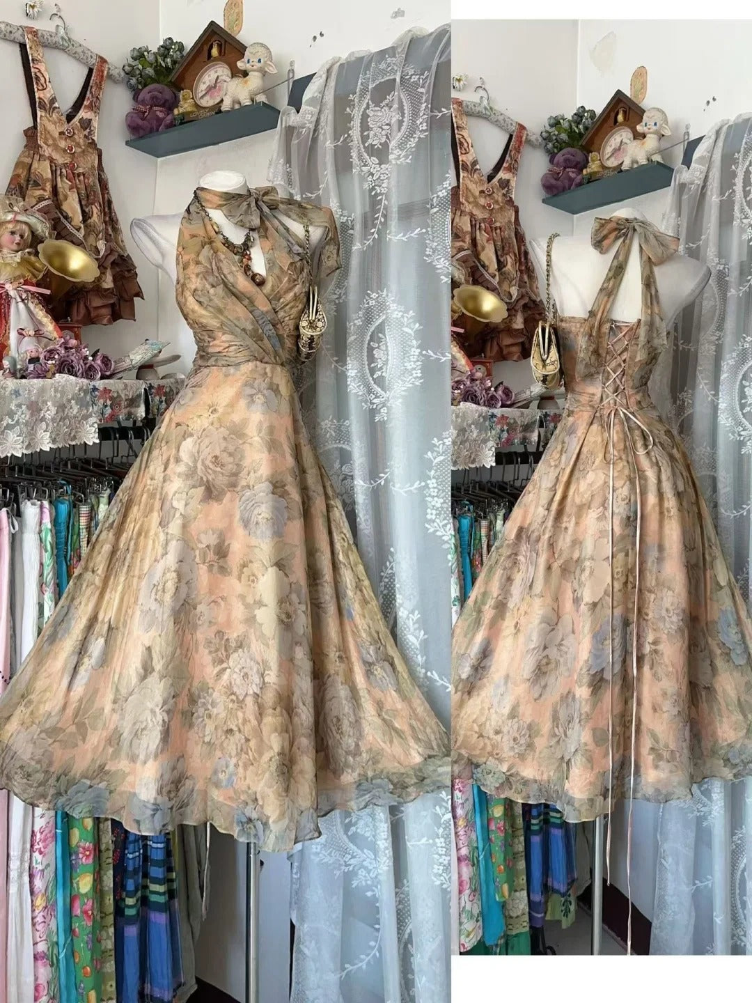 Vintage Hoco Dress Ball Gown Halter Gold Floral Tea Length Homecoming Party Dresses RB9806