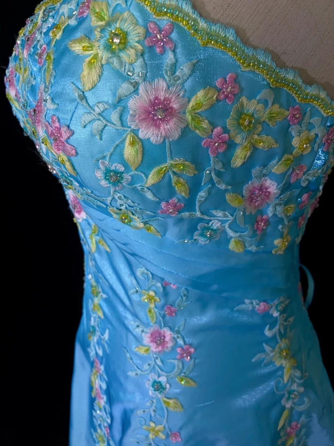 Vintage Prom Dresses Inspo A Line Strapless Blue Satin With Embroidery For Women Formal Dress N3209