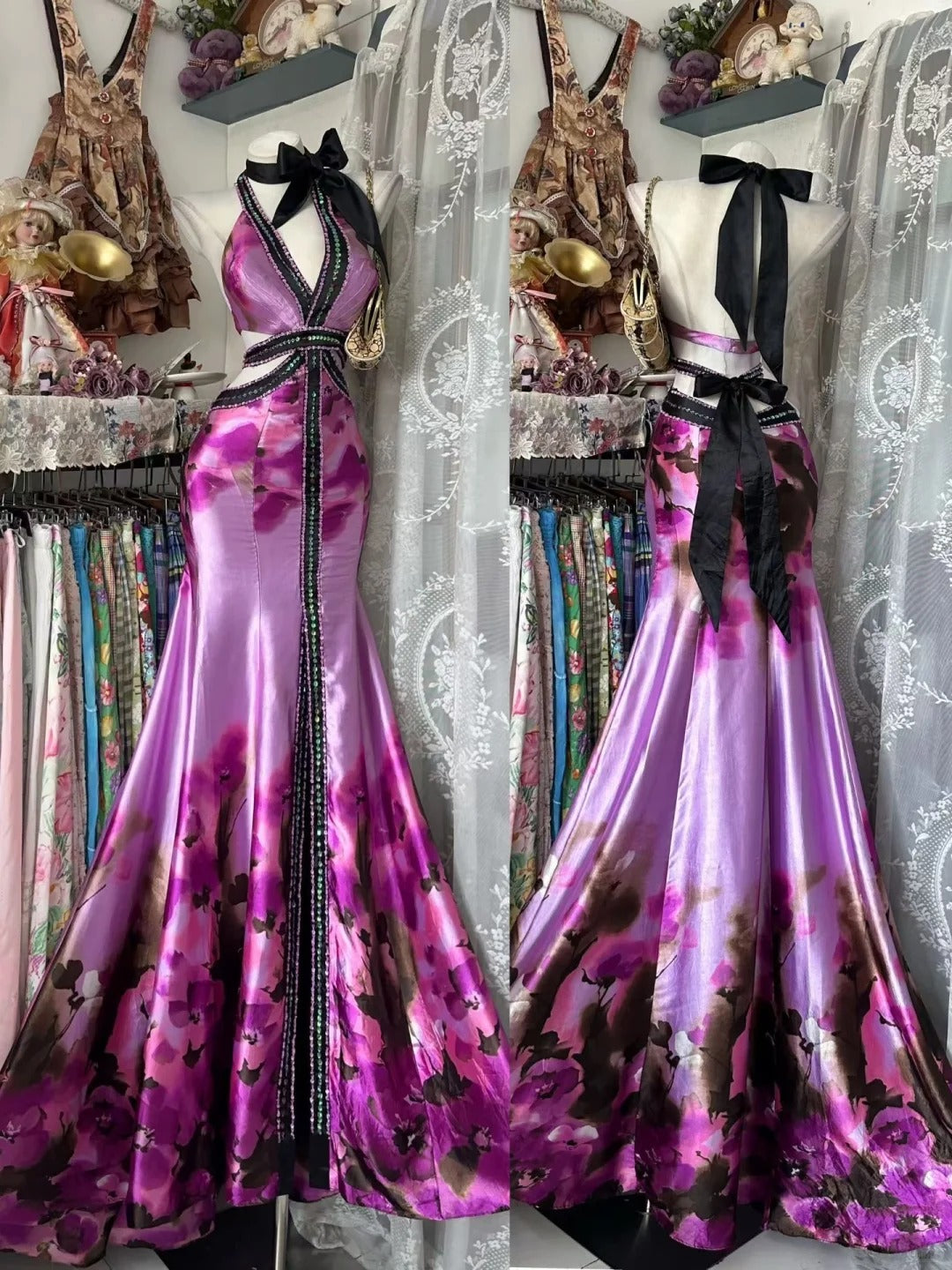 Mermaid Prom Dress Halter Backless Grape Satin Modest Floor Length Formal Party Gown RB9805