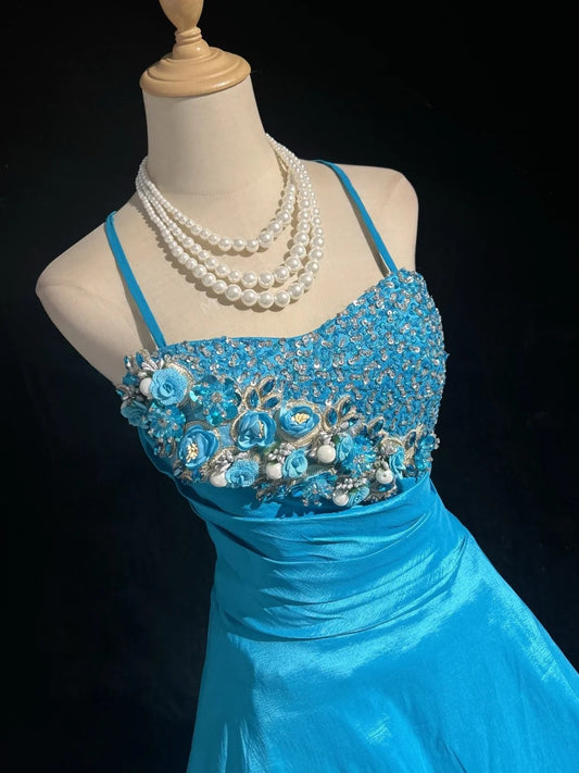 Cute Ball Gown Spaghetti Strap Blue Short Mini Party Dress Cocktail Homecoming Dresses N4218