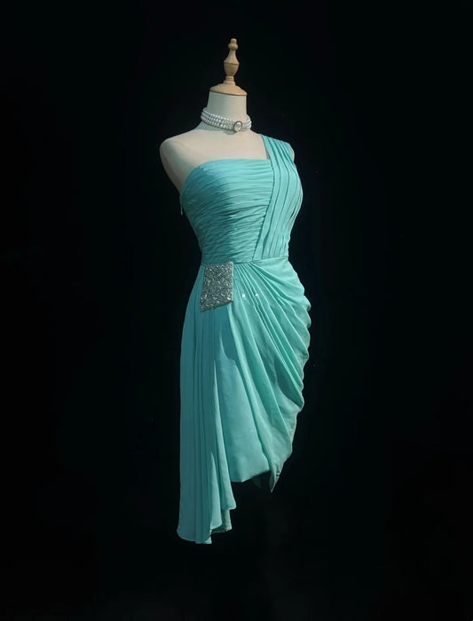 Pretty A line One Shoulder Blue Chiffon Short Mini Homecoming Dresses Hoco Gowns N2616