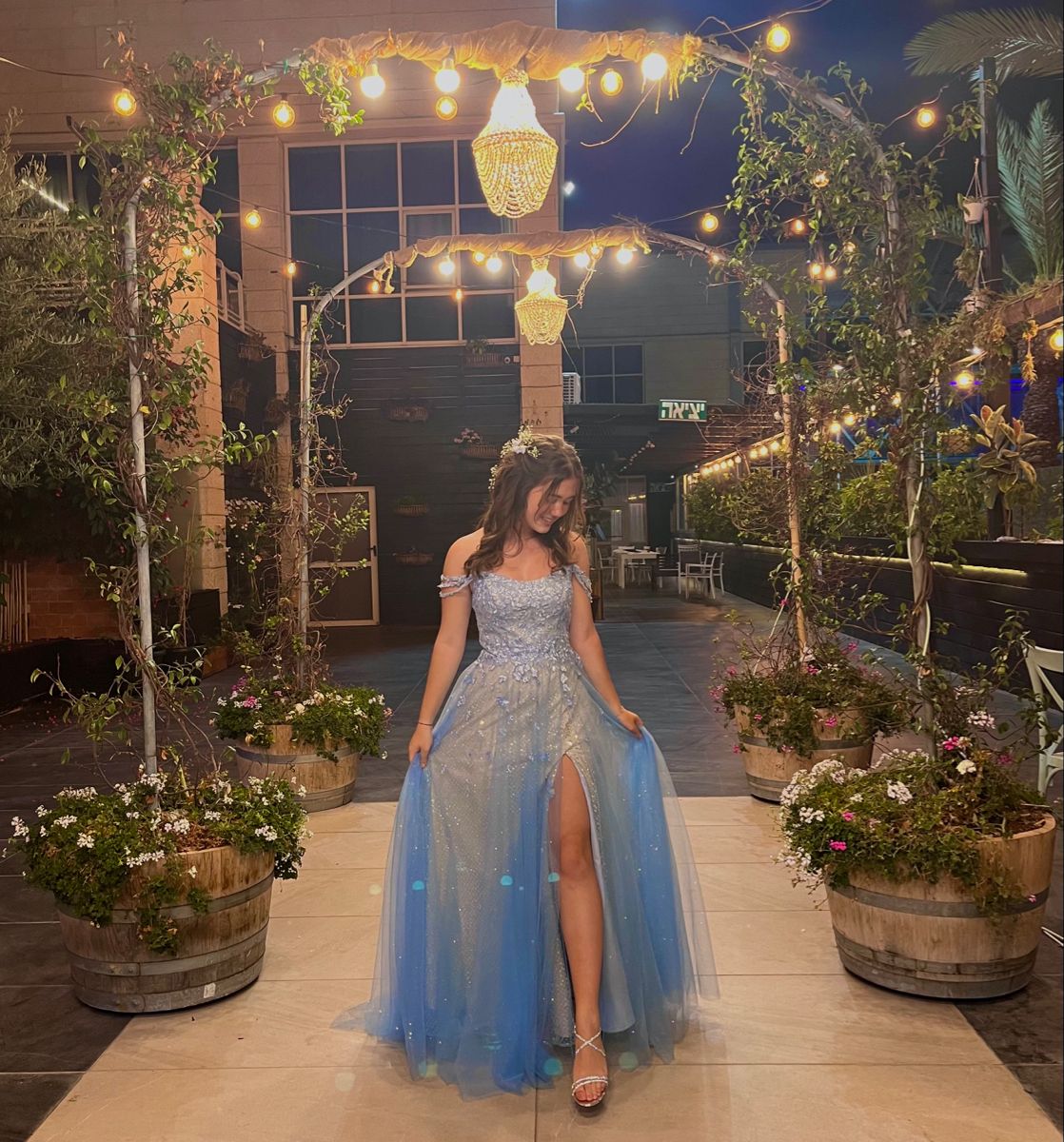 Charming A Line Strapless Light Blue Tulle Slit Lace Prom Dress Inspo Aesthetic For Teens Formal Dresses Party Outfits Prom Gown AB1129