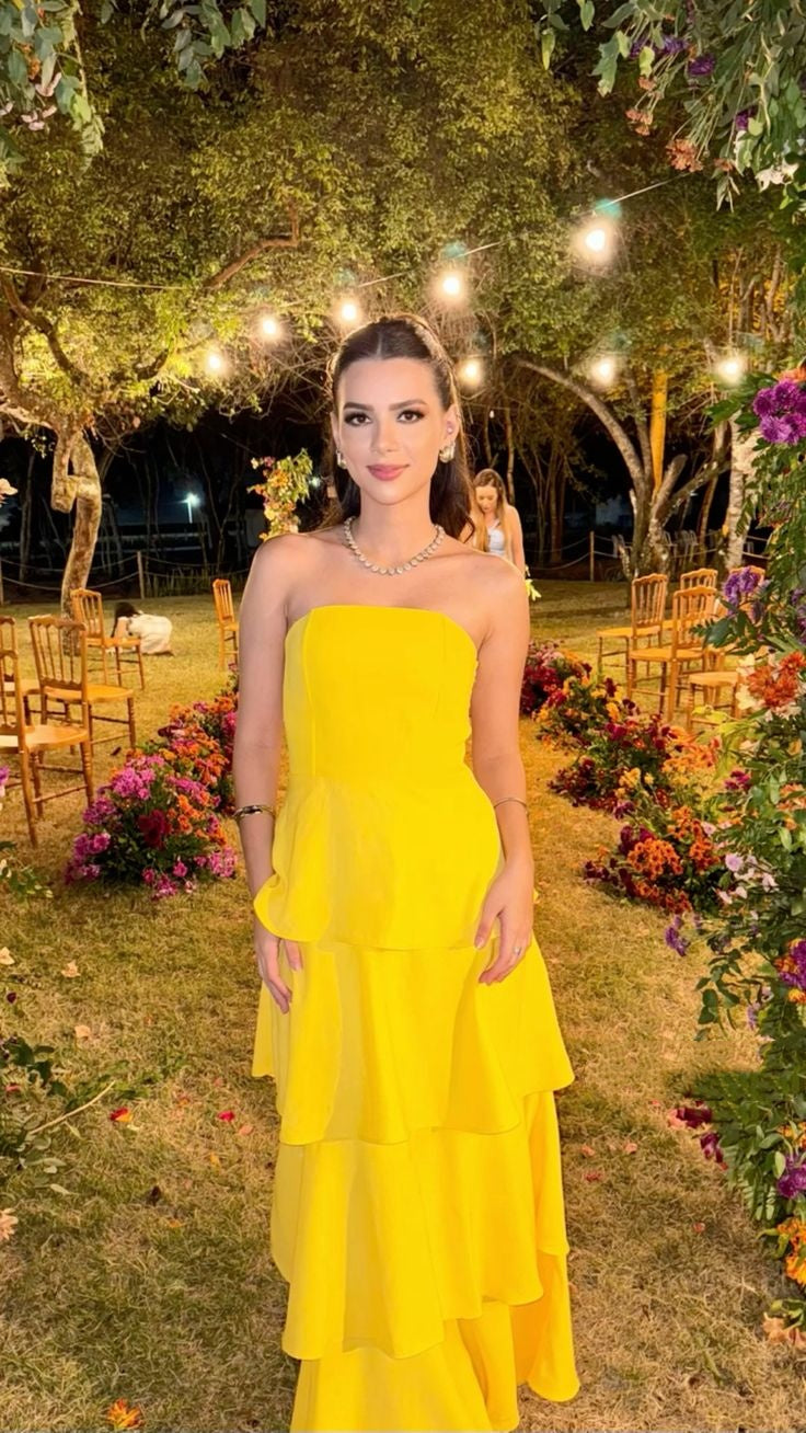 Modest A Line Satin Strapless Yellow Chiffon Prom Dresses Long for Women Formal Evening Gowns AB187
