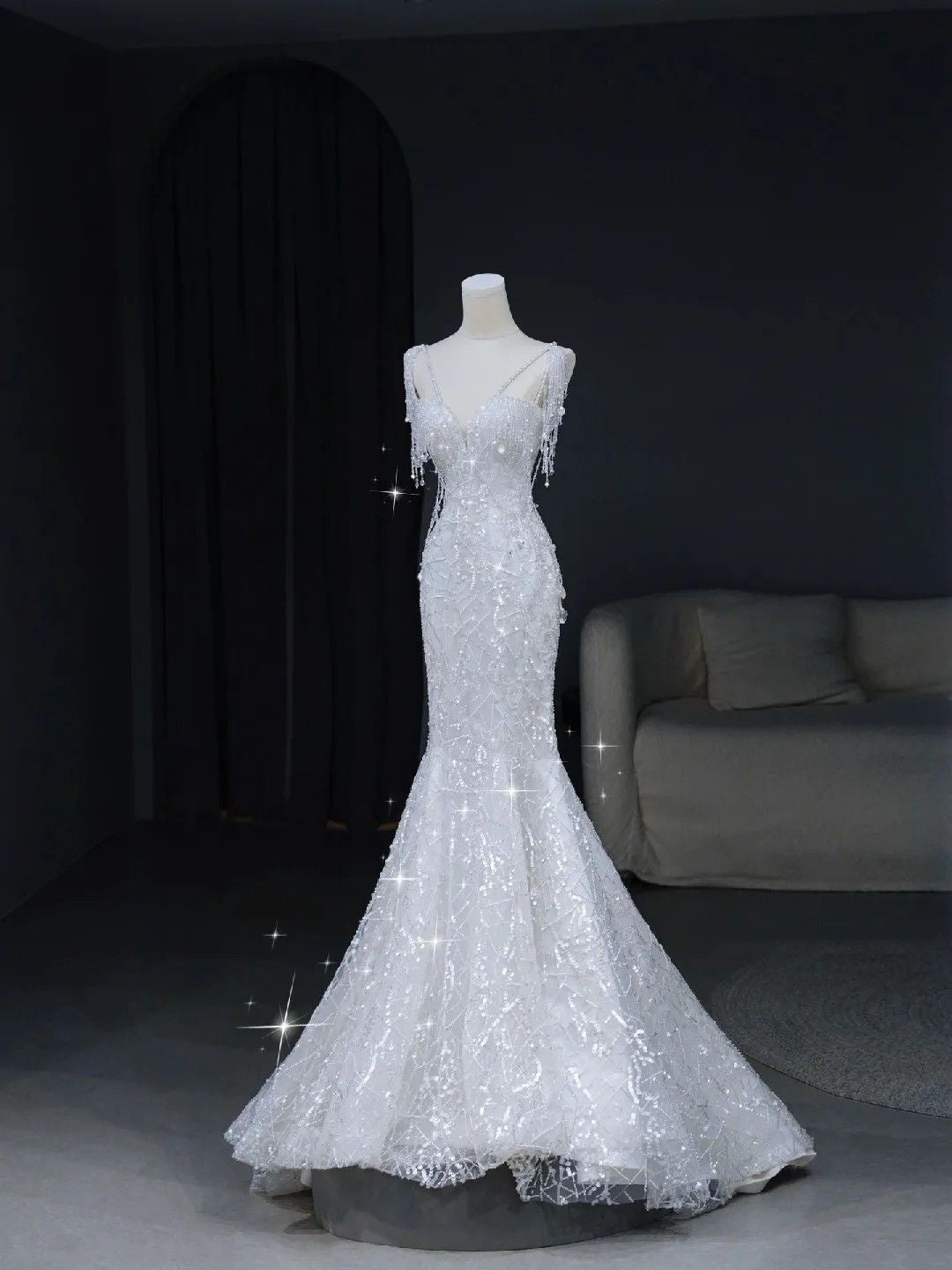 Wedding Gowns Dresses Elegant Modest for Bride Mermaid V Neck Sequins Petite/Plus Size Bridal Gowns For Women's Wedding AB1506