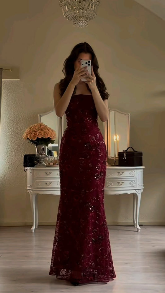 Elegant Red Shiny Sequin Maxi Sling Dress Chic Flower Sleeveless Lace-up Square Neck Bodycon Vestido N1792