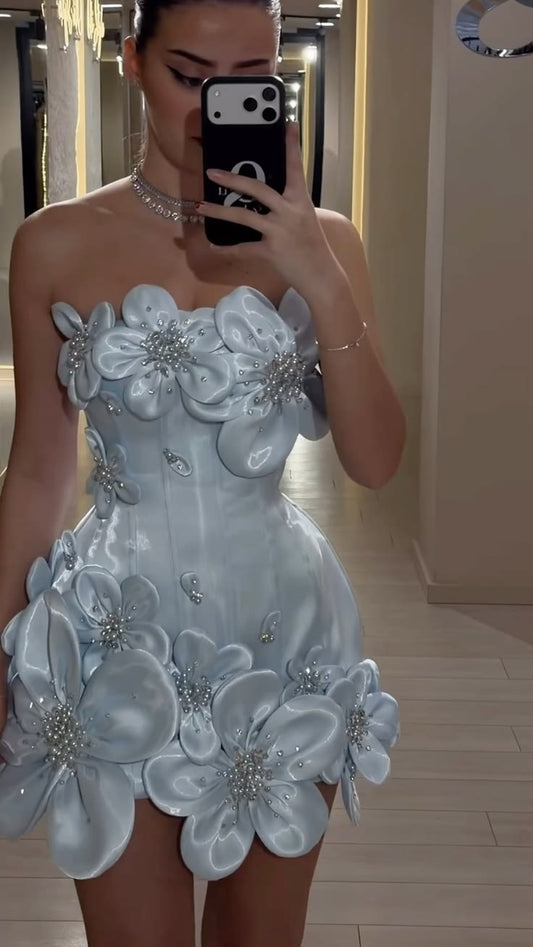 Modest Sheath Strapless Light Sky Blue With Flowers Mini Senior Inspo Short Birthday 17th Party Outfits Homecoming Dresses RB3196