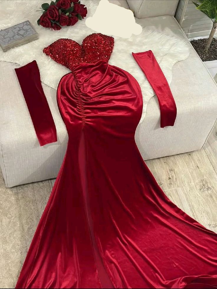 Modest Mermaid Sweetheart Red Satin With Gloves Prom Dresses Party Dress 21st Birthday Outfits Graduation Dress AB1331