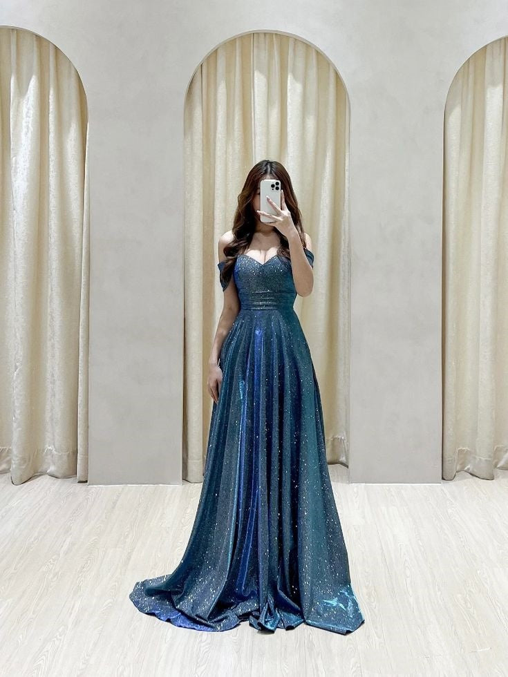 Classy A line Off The Shoulder Navy Blue Sequins Prom Dresses Inspo For Teens Formal Dress Party Outfits Prom Gowns AB106