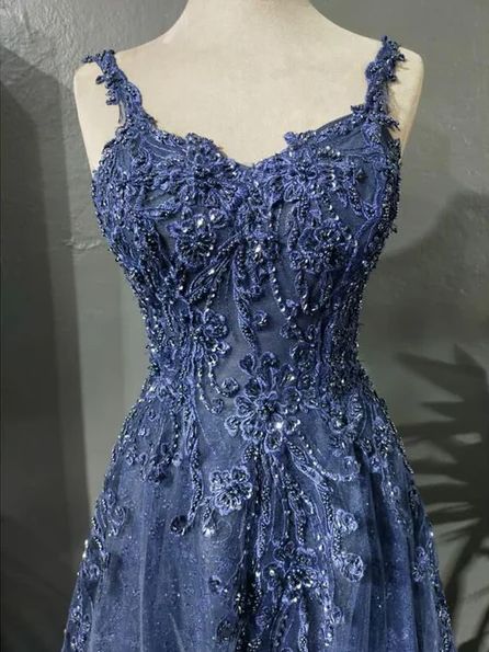 Modest A Line Spaghetti Strap Navy Blue Tulle Long Prom Dresses Graduation Dance Evening Outfits N048