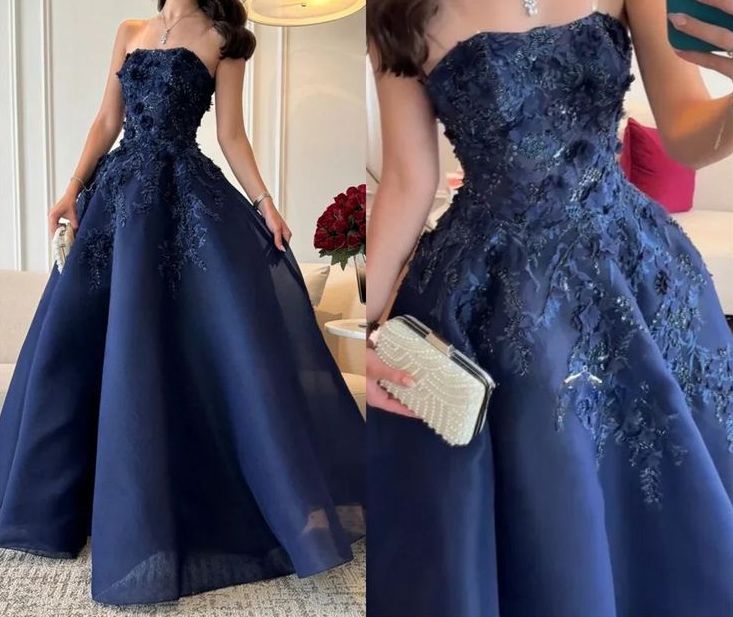 Elegant Navy Blue Strapless Appliques A Line Prom Dress Evening Dress Vestidos De Dia AB512