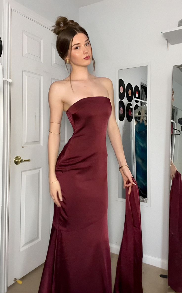 Modest Mermaid Strapless Wine Red Satin With Scarf Prom Dresses Party Dress 21st Birthday Outfits Graduation Dress AB1335