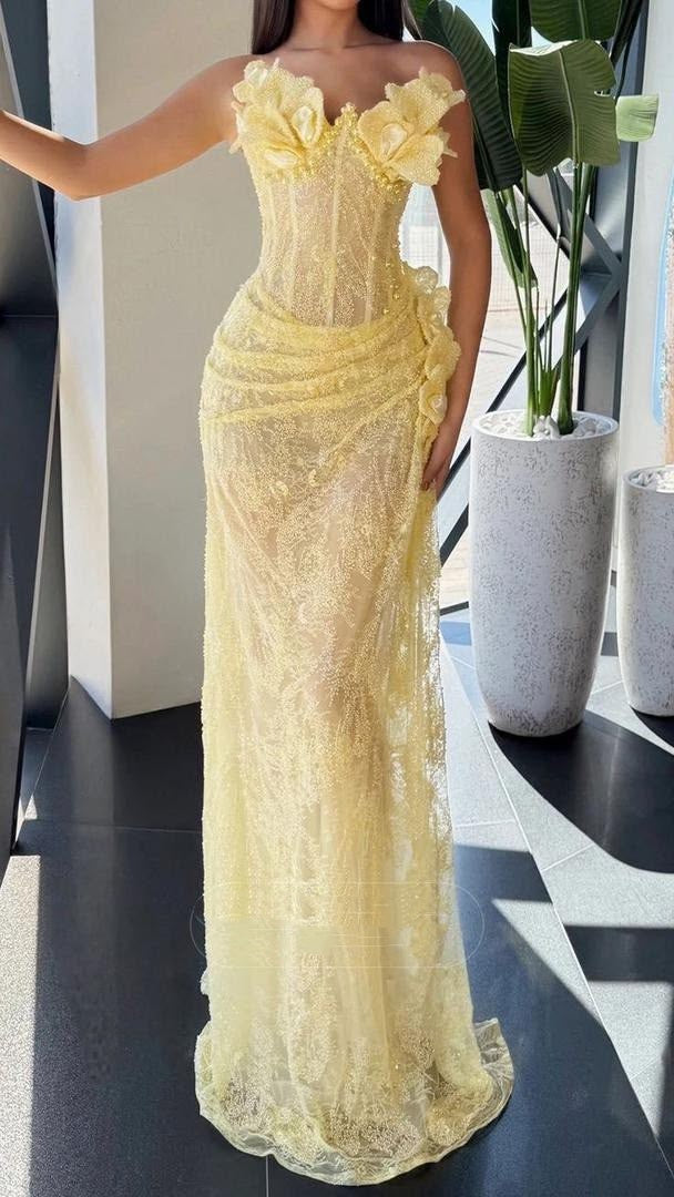 Prom Dress Sexy Mermaid Sweetheart Yellow Lace With Beading Long Graduation Dance Night Party Dresses RC1023
