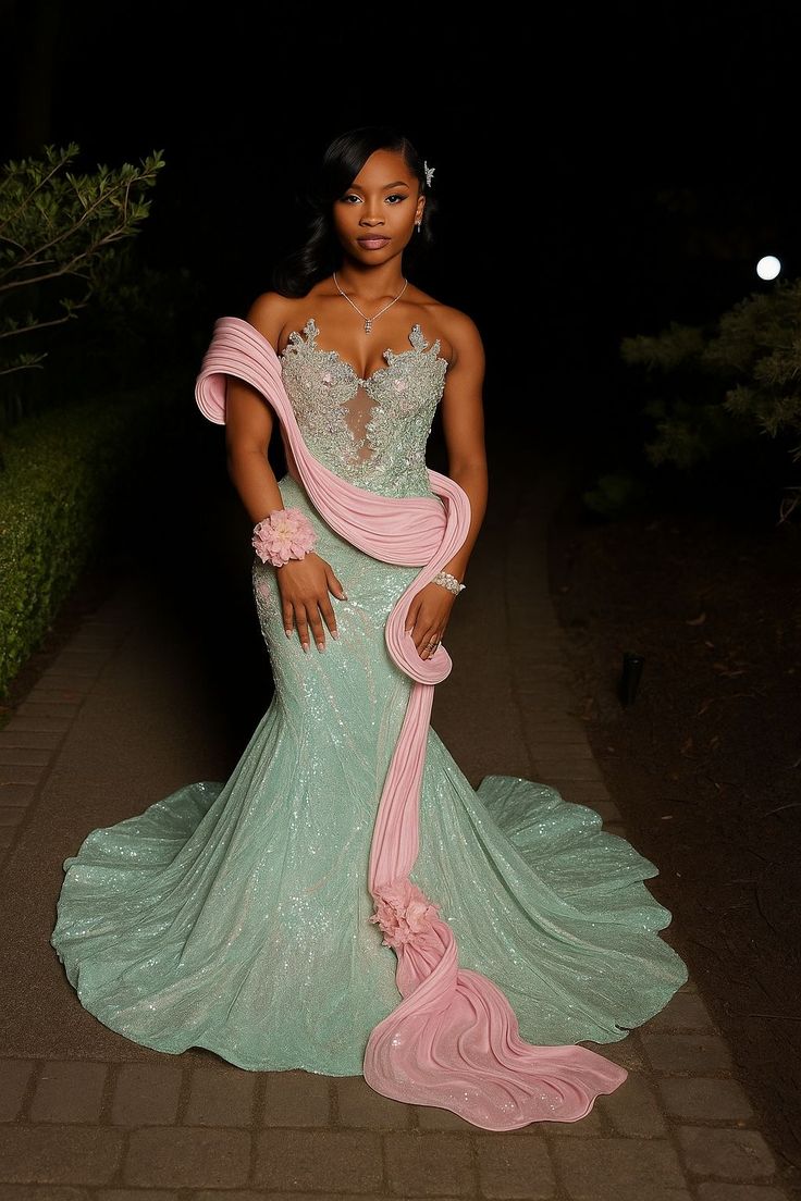 Prom Dress Mermaid Sparkly Sweetheart Green Sequined For Black Girls Women Floor Length Graduation Party Dress RC1019