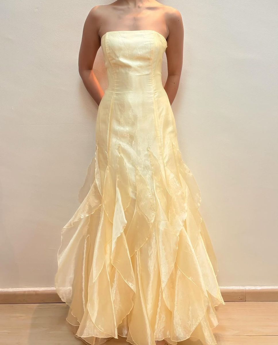 Sexy Mermaid Strapless Yellow Organza Prom Dresses Inspiration Party Dress Prom Gown AB103