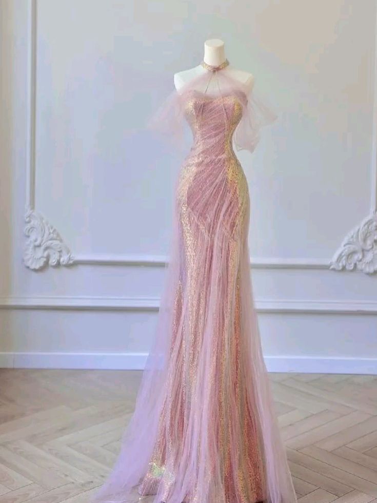 Prom Dress Mermaid Sparkly Off Shoulder Pink Tulle For Teens Girls Women Floor Length Graduation Party Dress RC1026