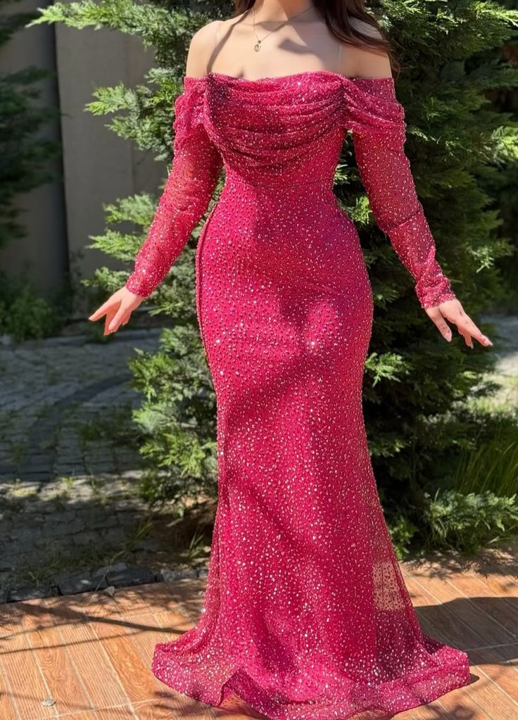 Shinning Mermaid Off The Shoulder Hot Pink Sequins For Women Party Dresses Long Formal Prom Dresses 22th Birthday Gown AB1329
