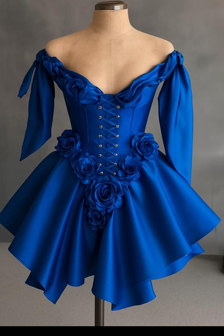 Stylish Ball Gown Off The Shoulder Royal Blue Satin Semi-formal 12th Grad Inspo Short Mini Homecoming Dresses RB4570