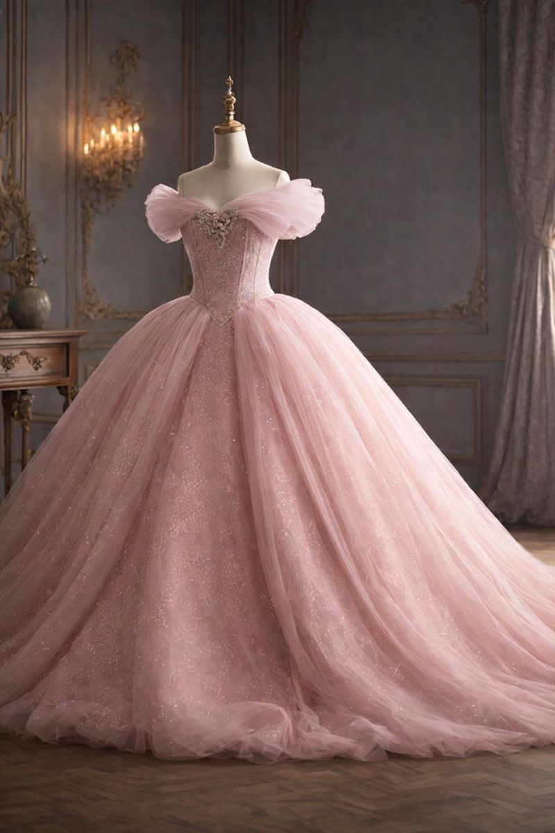 Dreamy pink Princess Ball Gown Wedding & Formal Events Off The Shoulder With Beading Quince Dress Quinceanera Dresses Birthday Outfits RB8236