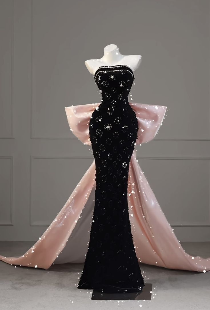Elegant Mermaid Strapless Black Sequins Long Floor Length Prom Dress With Bow Inspiration Prom Dresses AB112