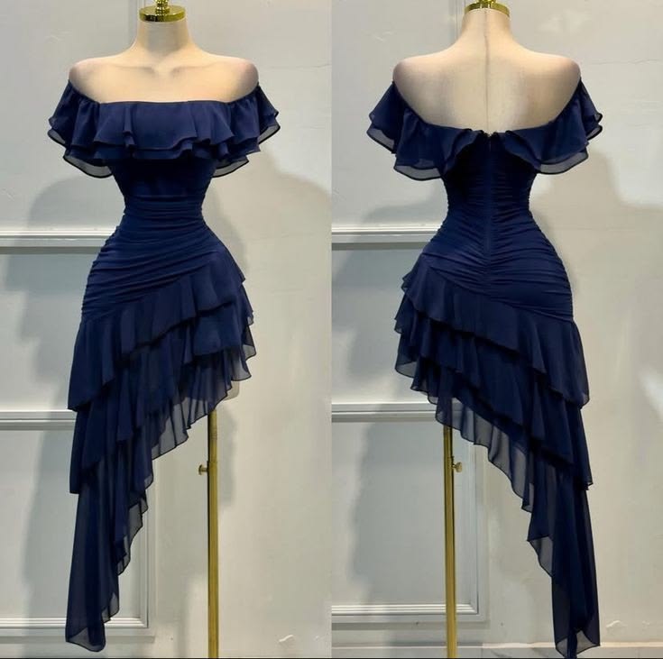 Stylish Sheath Off The Shoulder Chiffon Navy Blue Irregular Semi-formal 12th Grad Inspo Homecoming Dresses RB4575