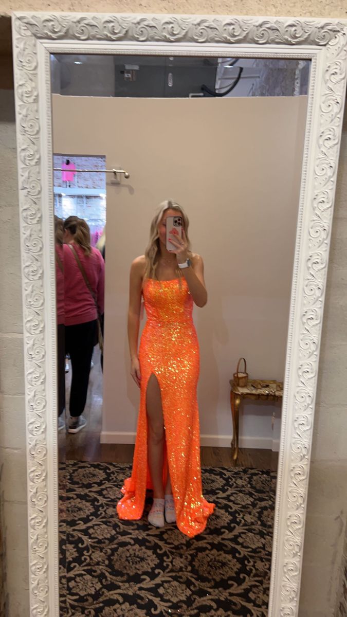 Elegant Mermaid Spaghetti Straps Orange Sequins Long Floor Length Prom Dress Inspiration Prom Dresses AB114
