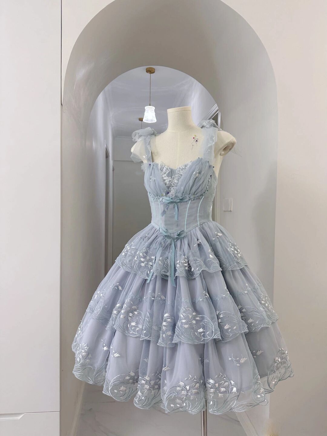 Dream Ball Gown Straps Dusty Blue With Lace Party Dress Short Mini 18th Birthday Dresses Hoco Outfits RB3522