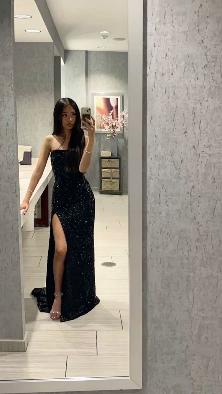 Prom Dress Mermaid Sparkly Strapless Black Slit Sequin For Teens Girls Women Floor Length Graduation Party Dress RC1034