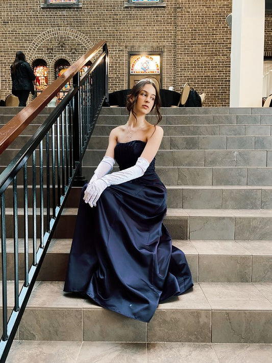 Sexy A Line Strapless Navy Blue Satin Prom Dresses With Gloves Party Dress Evening Dresses AB1075