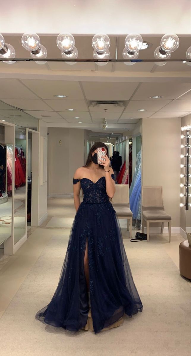 Ball Gown Off The Shoulder Marine Ball Dresses Floor Length Formal Gowns Tulle Navy Blue With Slit Prom Dresses Evening Dress AB742