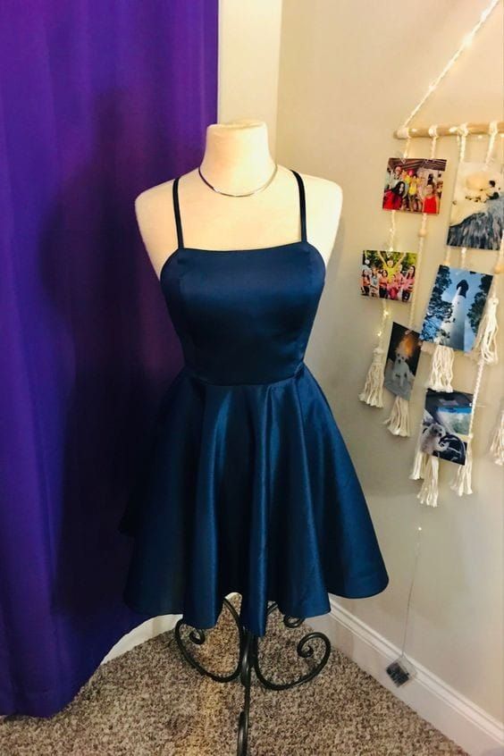 Minimalist A Line Spaghetti Strap Navy Blue Semi-formal 12th Grad Inspo Short Mini Homecoming Dresses RB4586