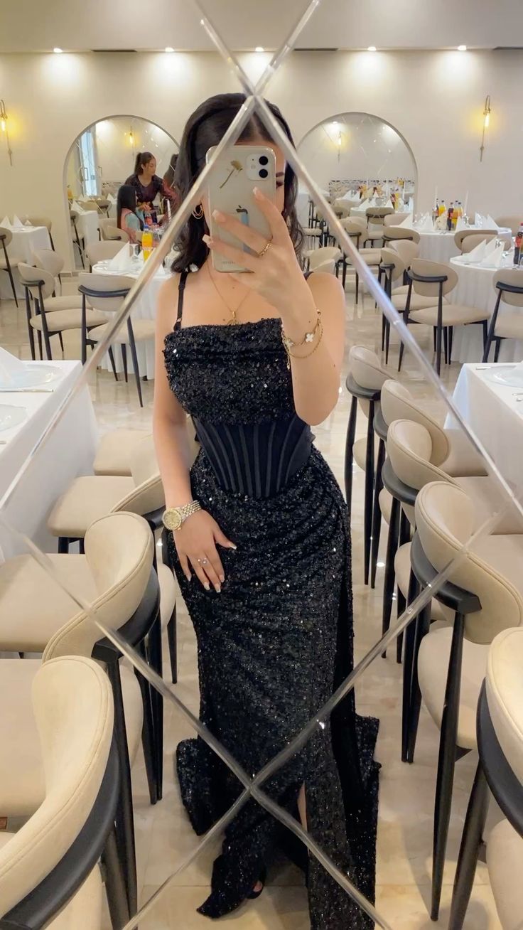 Sparkly Mermaid Spaghetti Strap Black Sequined Long Prom Dresses Sexy Formal Gowns N825