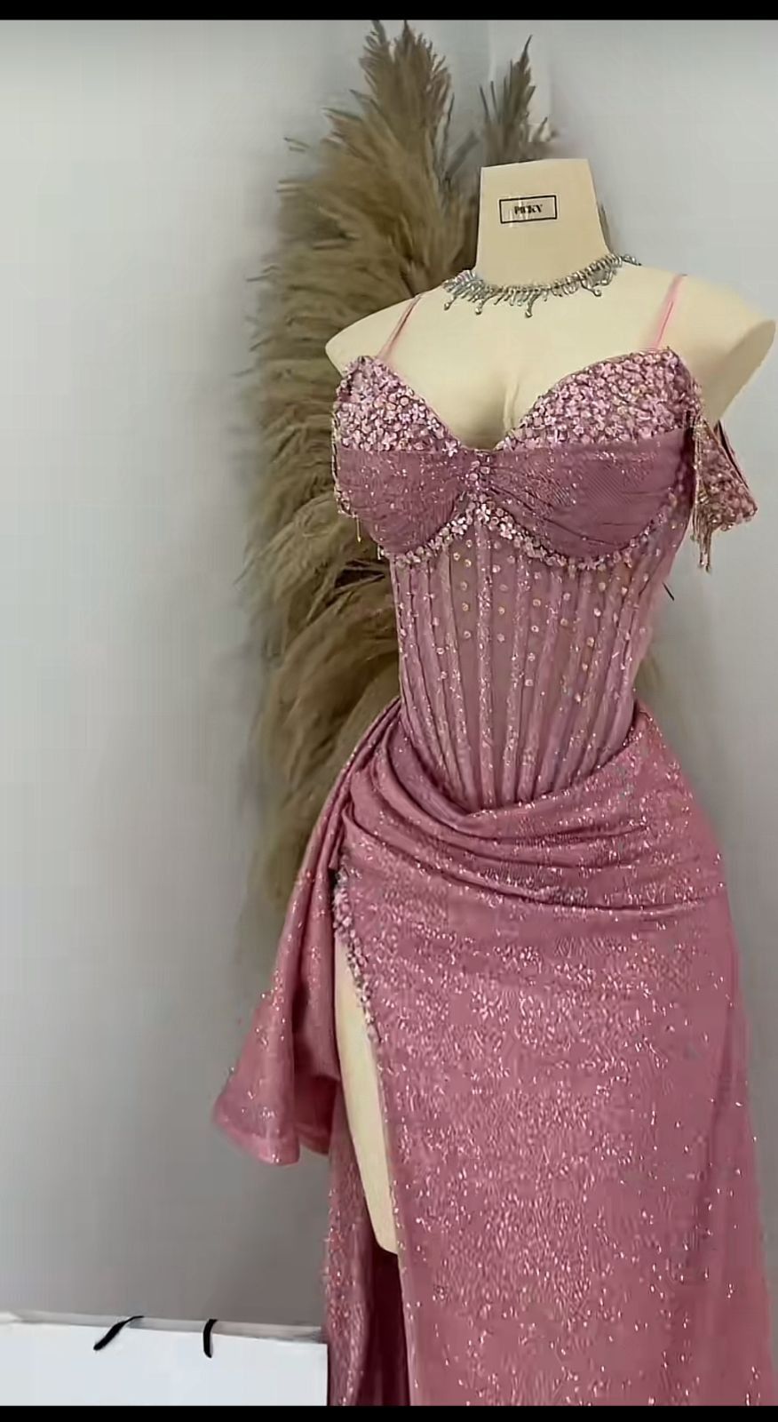 Prom Dress Mermaid Sparkly Spaghetti Straps Pink Ruffled Slit For Teens Girls Women Floor Length Graduation Party Dress RC1041