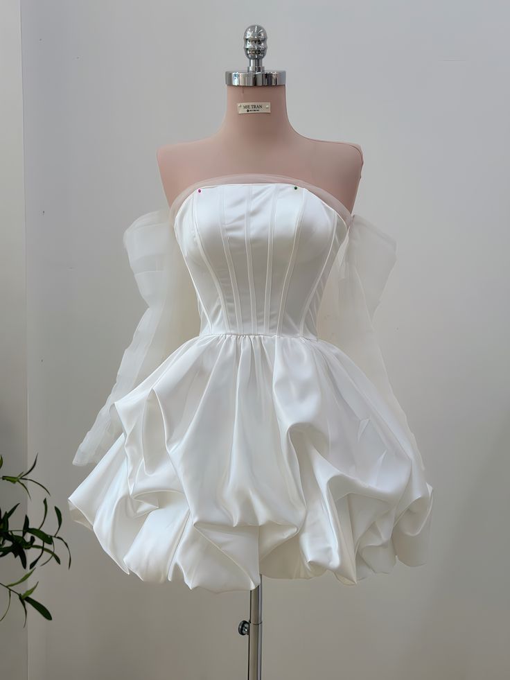 Elegant Ball Gown Off The Shoulder White Satin With Sleeves Wedding Bridal Gown Short Wedding Dresses RB4590