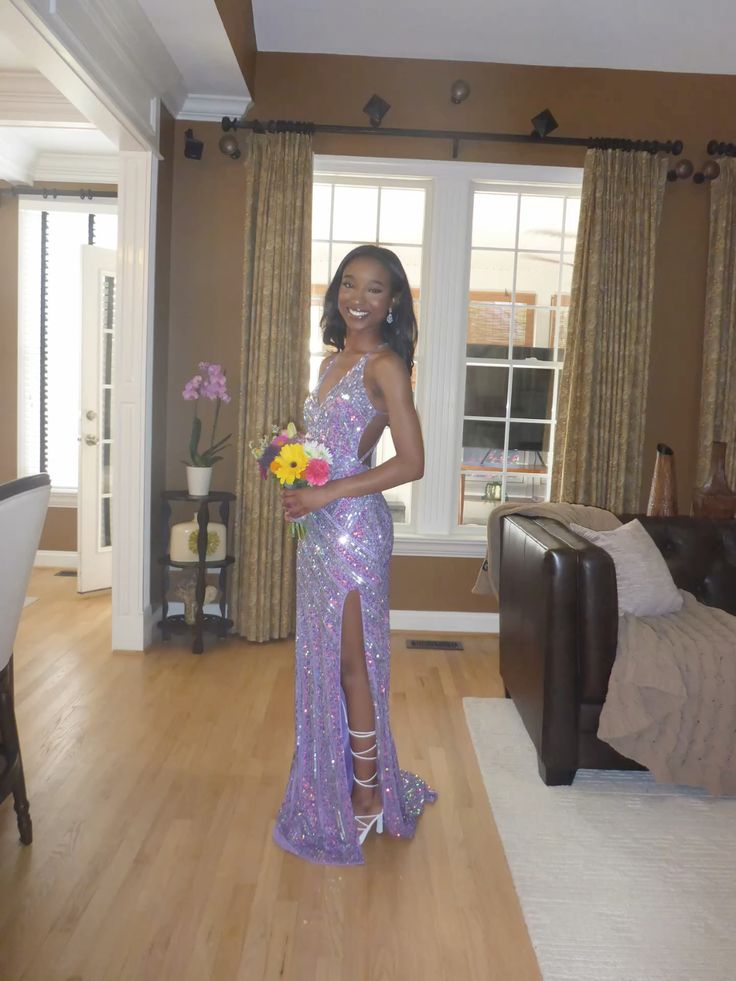 Sparkly Mermaid Spaghetti Strap Lilac Sequined Long Prom Dresses Sexy Formal Gowns N827