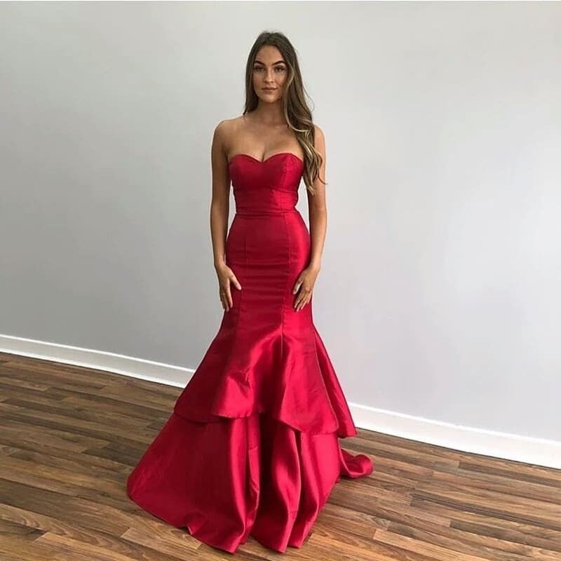 Simple Mermaid Sweetheart Red Satin For Women Party Dresses Long Formal Prom Dress 22th Birthday Gown AB1356