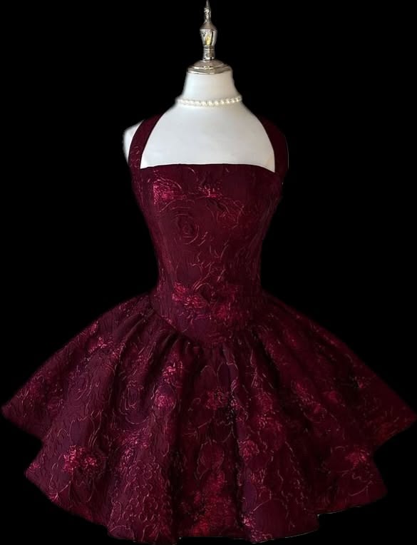 Cute Ball Gown Halter Burgundy Satin Mini Homecoming Dresses High Shool Grad Hoco Outfits RB4598