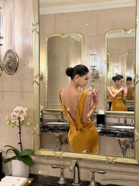 Gold Prom Dresses Inspiration Mermaid Cowl Neck With Pleated Backless Evening Gown Long Gala Formal Dress RC1502