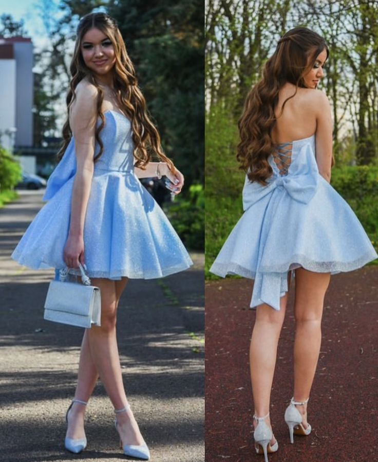 Glittery Ball Gown Strapless Blue Sequined Short Mini Corset Fitted Freshman High Shool Grad Hoco Outfit Homecoming Dresses RB4585