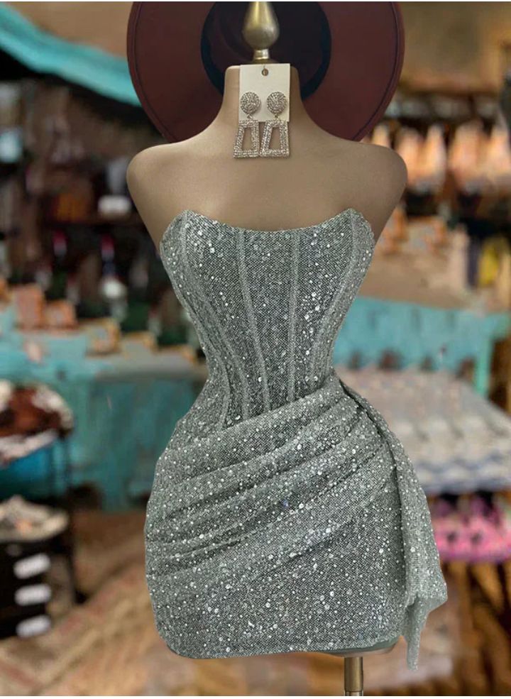 Sexy Sheath Strapless Gray Sequined Mini Graduation Hoco Dresses Short Inspo Senior Homecoming Outfits RB3532
