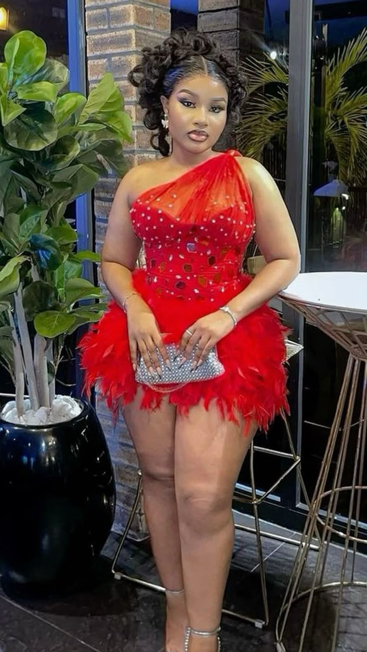 Unique Sheath Tight Bodycon One Shoulder Red With Feathers Short Inspo Hoco Dress Ideas Homecoming Dresses RB4128