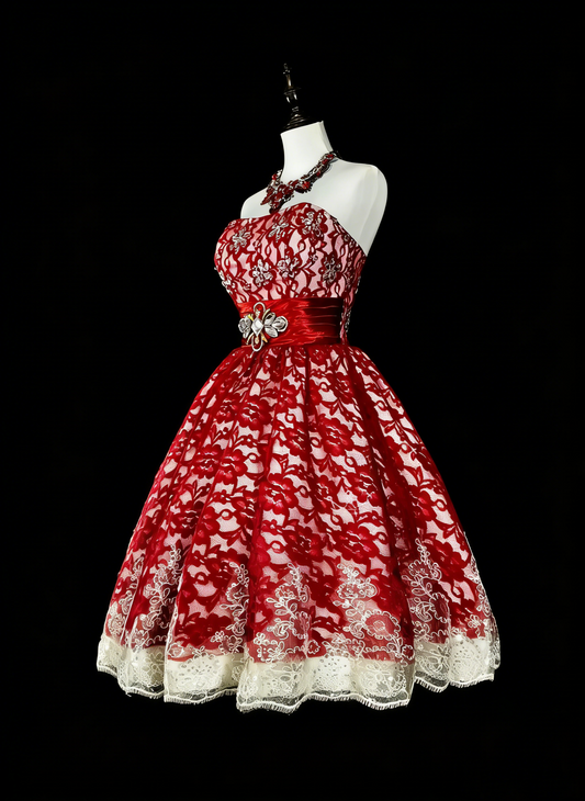 Unique Ball Gown Strapless Lace Red Inspo Vintage Fashion 2000s Hoco Gowns Short Inspo Homecoming Dresses N2010