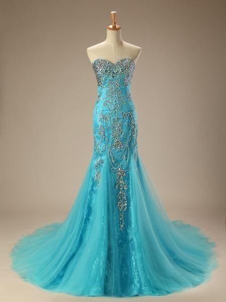 Modest Mermaid Sweetheart Blue Tulle With Silver Beads Evening For Women Party Dress Long Formal Prom Dresses 22th Birthday Gown AB1360