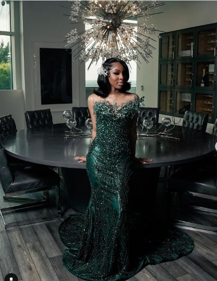 Luxury One Shoulder Satin Beaded Evening Dress Emerald Green Mermaid Prom Dresses N599