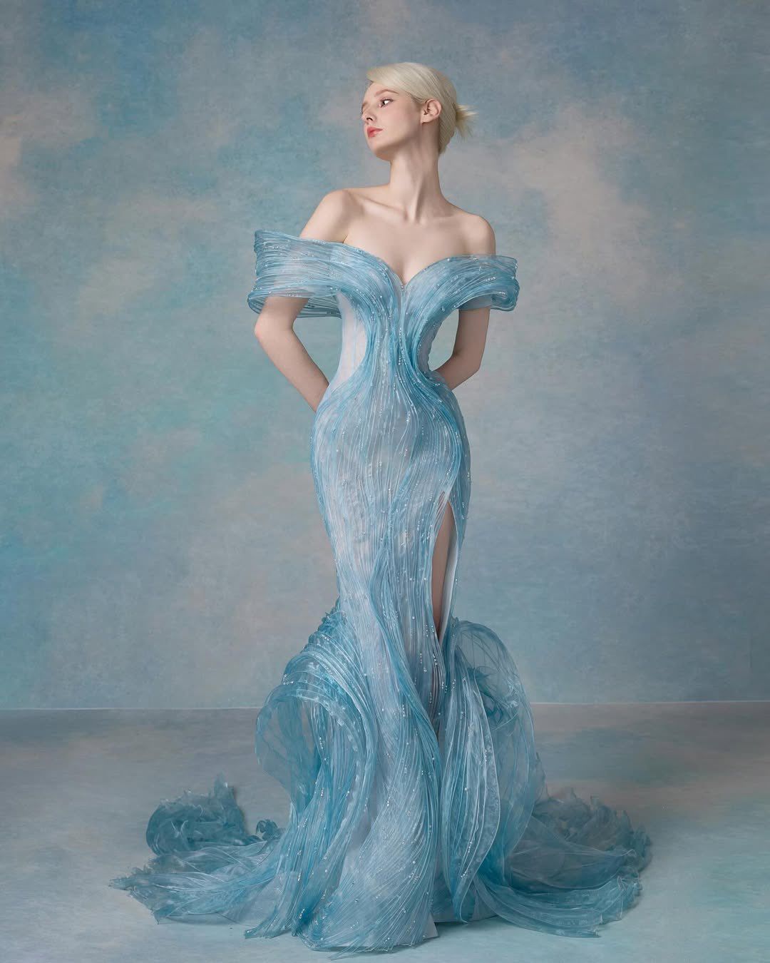 Modest Mermaid Off The Shoulder Ice Blue Tulle With Slit Evening For Women Party Dress Long Formal Prom Dresses 22th Birthday Outfits AB1361